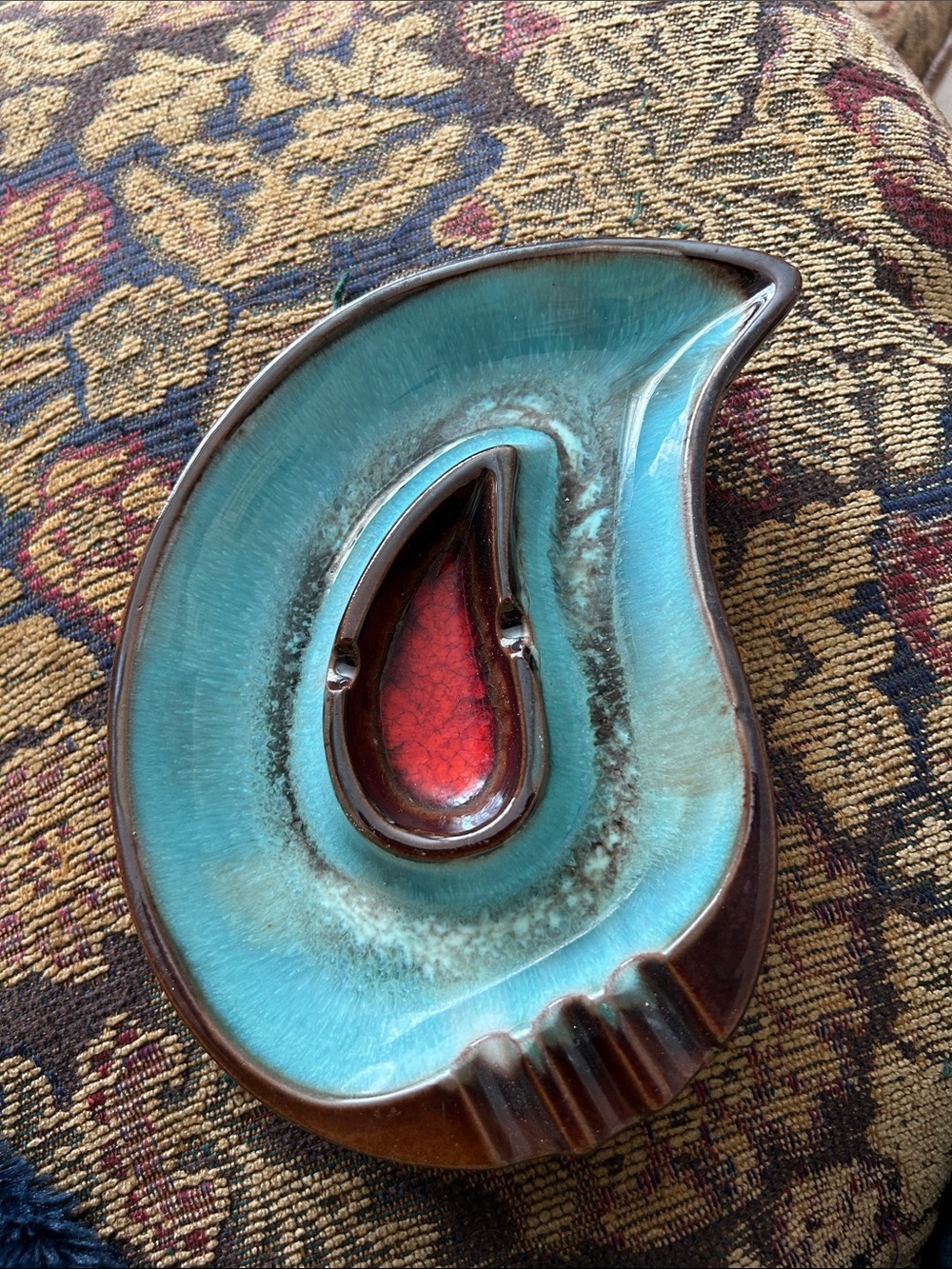 Ceramic Decorative Dish in Turquoise with Red Accent